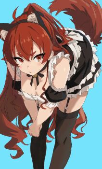 1girl absurdres alternate_hairstyle animal_ears arm_garter armband bad_link bell bent_over blue_background breasts cleavage eris_greyrat fake_animal_ears fake_tail feet_out_of_frame frilled_armband frills garter_straps hair_between_eyes hair_flaps highres knees large_breasts long_hair looking_at_viewer maid mushoku_tensei neck_bell neck_ribbon parted_lips ponytail red_eyes red_hair red_tail ribbon rkgktomato simple_background solo sweatdrop tail thighhighs v_arms wavy_hair
