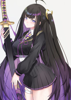 1girl ahoge asya bandaged_leg bandages black_hair black_sailor_collar black_shirt black_skirt blush breasts chitose_(stella_sora) colored_inner_hair highres holding holding_sheath holding_sword holding_weapon large_breasts layered_shirt long_hair looking_at_viewer multicolored_hair pleated_skirt purple_eyes purple_hair sailor_collar sheath shirt side_ponytail skirt solo stella_sora sword very_long_hair weapon white_shirt