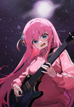 1girl absurdres blue_eyes bocchi_the_rock! commentary_request cube_hair_ornament electric_guitar floating_hair gibson_les_paul gotoh_hitori guitar hair_ornament highres holding holding_plectrum instrument jacket long_hair long_sleeves looking_at_viewer looking_down music open_mouth pink_hair pink_jacket playing_guitar playing_instrument plectrum small_sweatdrop solo track_jacket upper_body user_raxx5258 wavy_eyebrows wavy_mouth zipper_pull_tab