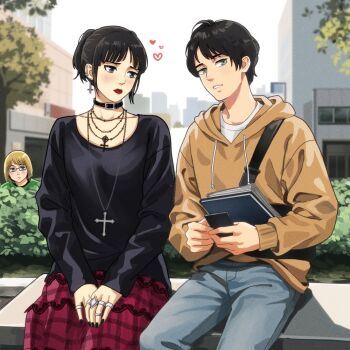 1216liddell 1girl 2boys alternate_universe armin_arlert bag belt_collar black_choker black_hair black_nails black_sweater blonde_hair blue_eyes blurry blurry_background blush bob_cut book breasts brown_hoodie choker collar cross cross_necklace denim eren_yeager glasses green_eyes green_shirt grey_eyes holding holding_book hood hood_down hoodie inverted_cross_earrings jeans jewelry large_breasts looking_at_another mikasa_ackerman multiple_boys multiple_necklaces multiple_rings nail_polish necklace outdoors pants parted_lips plaid_clothes plaid_skirt ponytail red_lips ring shingeki_no_kyojin shirt short_hair shoulder_bag sitting skirt sweater upper_body white_shirt