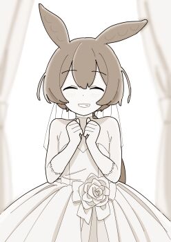 1girl alternate_costume blush brown_theme closed_eyes commentary_request dress flat_chest flower gloves grin highres long_hair low_ponytail monochrome pea_pod ponytail smile solo strapless strapless_dress tuitou voiceroid voicevox wedding_dress zundamon