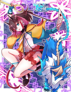 1girl azure_striker_gunvolt azure_striker_gunvolt_3 black_boots black_shorts blue_background blue_eyes blush body_markings boots border brown_hair commentary_request dog earrings fingerless_gloves full_body gloves green_gloves gunvolt holding holding_ofuda holding_sword holding_weapon horns jewelry kirin_(gunvolt) momobesaeka multicolored_hair ofuda pink_hair red_hair shirt short_hair shorts sphere_earrings sword weapon white_border white_shirt yellow_cloak