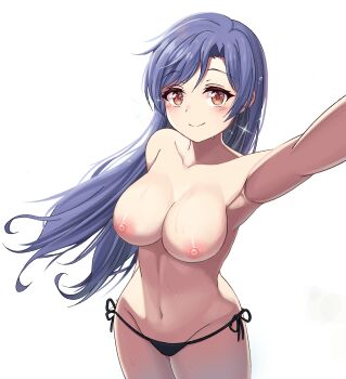 1girl alternate_breast_size bikini bikini_bottom_only black_bikini blue_hair breasts highres idolmaster idolmaster_(classic) idolmaster_million_live! kisaragi_chihaya large_breasts long_hair looking_at_viewer maskraider navel nipples orange_eyes selfie side-tie_bikini_bottom smile standing swimsuit topless_female