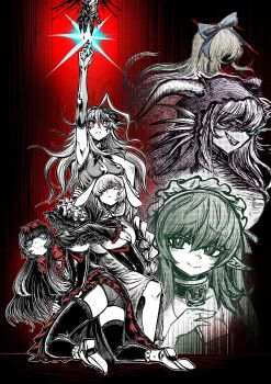 1boy 6+girls :&gt; ahoge alice_(black_souls) arm_up ass black_dress black_panties black_souls black_souls_2 blonde_hair blue_bow blush bow bowtie chengzilong8 cloak closed_mouth collar dress gauntlets green_eyes green_hair grimm_(black_souls) grin hair_bow hashtag-only_commentary highres hood hooded_cloak jabberwock_(black_souls) leaf_(black_souls) long_hair mabel_(black_souls) maid_headdress metal_collar multiple_girls narrative_formation node_(black_souls) panties pointy_ears prickett_(black_souls) purple_cloak red_bow red_bowtie smile underwear very_long_hair