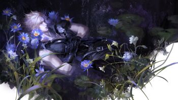 1boy armor black_cape black_gloves black_pants black_vest blonde_hair blue_flower cape cloud_strife fenrir_(final_fantasy) final_fantasy final_fantasy_vii final_fantasy_vii_advent_children flower gloves hanjungen233 highres lily_pad male_focus own_hands_together pale_skin pants parted_bangs partially_submerged pauldrons short_hair shoulder_armor single_bare_shoulder single_pauldron solo spiked_hair twitter_username vest waist_cape