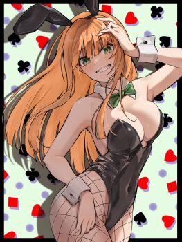 absurdres alternate_costume animal_ear_hairband animal_ears armpits black_border black_leotard blush border bow bowtie breasts clover commentary covered_navel daiko_(dai1974910) detached_collar diamond_(shape) drop_shadow fake_animal_ears fishnet_pantyhose fishnets gakuen_idolmaster green_bow green_bowtie green_eyes grin hairband heart highleg highleg_one-piece_swimsuit highres idolmaster large_breasts leotard long_hair looking_at_viewer one-piece_swimsuit orange_hair pantyhose playboy_bunny plunging_neckline rabbit_ear_hairband rabbit_ears shiun_sumika smile spade_(shape) straight_hair strapless strapless_leotard swimsuit very_long_hair wrist_cuffs