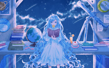1girl blue_eyes book cake candy clock cloud eating food highres holding holding_book juice lollipop long_hair night night_sky original reading shooting_star side_part sitting sky solo star_(sky) telescope very_long_hair yanagima_yu03
