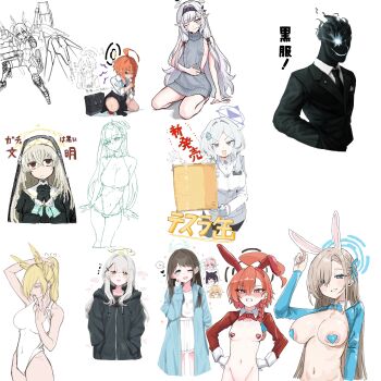 1boy 6+girls absurdres airi_(band)_(blue_archive) airi_(blue_archive) alternate_costume antenna_hair aris_(blue_archive) aris_(mecha_suit)_(blue_archive) asuna_(blue_archive) black_hoodie black_suit blue_archive breasts dark-skinned_male dark_skin formal_clothes grey_hair halo highres himari_(blue_archive) hood hooded_jacket hoodie jacket japanese_text kanna_(blue_archive) kanna_(swimsuit)_(blue_archive) kotama_(blue_archive) leotard maton_3110 mirai_(blue_archive) multiple_girls navel neru_(blue_archive) orange_hair reverse_bunnysuit reverse_outfit rio_(blue_archive) sakurako_(blue_archive) sideboob simple_background squatting suit swimsuit twitter white_background
