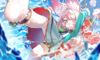 1girl ahoge animal_ear_fluff animal_ears animal_feet braid bright_pupils furry furry_female green_shirt highres hironii_(hironi3) long_hair looking_at_viewer o-ring_necktie open_mouth pink_fur pink_hair rabbit_ears rabbit_girl red_eyes shirt short_eyebrows solo thick_eyebrows twin_braids white_pupils zenless_zone_zero zhao_(zenless_zone_zero)