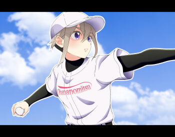 1girl ball baseball baseball_cap black_shirt blue_sky clothes_writing cloud commentary_request day eyelashes grey_hair hat highres holding holding_ball kimi_no_koto_ga_dai_dai_dai_dai_daisuki_na_100-nin_no_kanojo letterboxed long_sleeves outline pack0130 purple_eyes shirt short_hair short_sleeves sidelocks sky solo sutou_iku undercut undershirt upper_body very_short_hair white_hat white_outline white_shirt