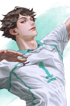 Rule 34 | 1boy, aoba johsai volleyball uniform, brown eyes, brown hair, closed mouth, commentary request, email address, haikyuu!!, highres, korean commentary, lips, looking at viewer, male focus, nose, oikawa tooru (haikyuu!!), short hair, sideburns, solo, sportswear, sweat, twitter username, upper body, voicehhs, volleyball uniform, watermark
