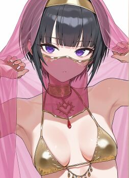 1girl 37bannai armpits bikini black_hair blunt_bangs breasts collarbone gold_bikini gold_choker gold_hairband hairband hands_up heart_ornament highres idolmaster idolmaster_cinderella_girls looking_at_viewer mouth_veil open_mouth pink_nails pink_veil purple_eyes red_pendant shirayuki_chiyo short_hair simple_background solo swimsuit upper_body veil white_background