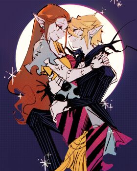 1boy 1girl arms_around_neck black_nails black_suit blonde_hair breasts brown_hair cleavage closed_mouth commentary cosplay couple dress earrings english_commentary feet_out_of_frame formal_clothes full_body hair_between_eyes hetero jack_skellington jack_skellington_(cosplay) jewelry link long_dress long_hair looking_at_another manodemarina medium_breasts nail_polish nintendo pants patchwork_clothes patchwork_skin pinstripe_jacket pinstripe_pants pinstripe_pattern pinstripe_suit pointy_ears princess_zelda sally_(nbc) sally_(nbc)_(cosplay) scar scar_on_face short_hair short_sleeves smile sparkle suit the_legend_of_zelda the_legend_of_zelda:_twilight_princess the_nightmare_before_christmas torn_clothes torn_sleeves