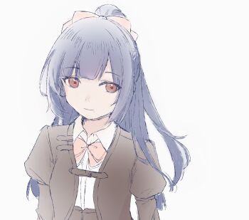 Rule 34 | 1girl, absurdres, antares (alxy13d), arms at sides, assault lily, blunt bangs, bow, brown jacket, closed mouth, collared shirt, commentary, fukuyama jeanne sachie, grey background, grey hair, hair bow, half updo, highres, jacket, juliet sleeves, light smile, long hair, long sleeves, looking at viewer, ludvico private girls' academy school uniform, mole, mole under mouth, open clothes, open jacket, pink bow, puffy sleeves, red eyes, school uniform, shirt, simple background, solo, symbol-only commentary, underbust, upper body