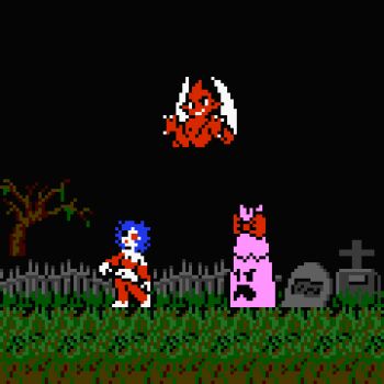 3girls barefoot black_eyes blue_hair bow capcom claws colored_skin creature cross demon demon_girl demon_wings fence floating genderswap genderswap_(mtf) grass hair_bow heterochromia long_sleeves makaimura midriff monster multiple_girls navel night night_sky nude off-shoulder_shirt off_shoulder pants petite_devil_(makaimura) pixel_art pointy_ears red_bow red_eyes red_pants red_shirt red_skin saiwai_hiroshi shirt short_hair sky smile spread_legs standing tombstone tower_monster_(makaimura) tree white_skin wings zombie zombie_(makaikura)