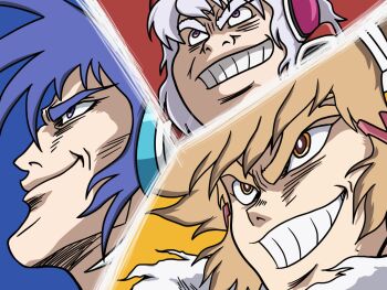 3girls benkei_kuruma blue_eyes blue_hair brown_eyes brown_hair getter_robo grin hair_ornament hairclip jin_hayato kazanari_tsubasa multiple_girls nagare_ryoma parody senki_zesshou_symphogear sideburns smile split_screen tachibana_hibiki_(symphogear) teeth white_hair yukine_chris zolgheim