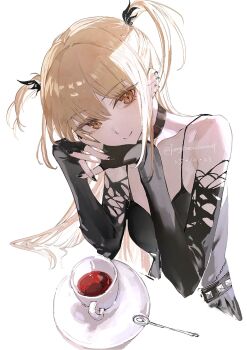 1girl :&gt; amane_misa bare_shoulders belt black_camisole black_gloves black_nails black_skirt blonde_hair camisole chinese_commentary choker commentary_request cup death_note ear_piercing elbow_gloves fingerless_gloves gloves hair_between_eyes hair_ornament highres interlocked_fingers long_hair looking_at_viewer piercing saucer sidelocks skirt solo studded_belt teacup teaspoon torn_clothes torn_gloves two_side_up upper_body yellow_eyes zhehua_zengyue