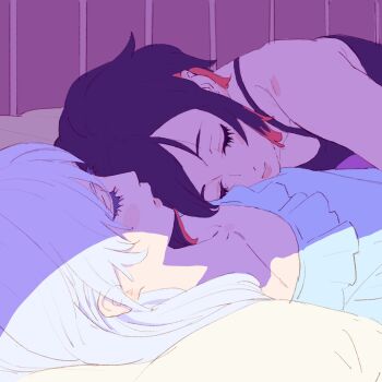 2girls 55bata6rou black_hair black_shirt closed_eyes eyelashes hair_down highres indoors long_hair lying lying_on_person multicolored_hair multiple_girls on_back on_bed pillow red_hair ruby_rose rwby shade shirt short_hair sleeping sleeping_on_person sleeveless sleeveless_shirt upper_body weiss_schnee white_hair yuri