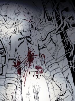 1girl bleeding blood blood_from_mouth cast crying crying_with_eyes_open flat_chest guro heterochromia highres injury long_hair loose_neck_ribbon monochrome neck_ribbon on_bed operating_table original red_hod ribbon solo spot_color stitches strapped_down surgery surgical_scissors table tears