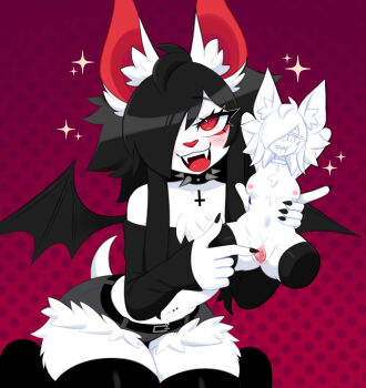1girl :d absurdres animal_ears artificial_vagina_with_body asphodel_(sataen) bat_ears bat_girl bat_wings black_hair black_nails black_thighhighs blush body_fur collar cowboy_shot cross fangs fingernails furry furry_female grey_shorts hair_over_one_eye highres inverted_cross merchandise_available midriff mrlsexdoll navel_piercing open_mouth piercing product_placement red_eyes sataen sex_toy sharp_fingernails short_shorts shorts sleeves_past_wrists smile solo spiked_collar spikes thighhighs white_fur wings