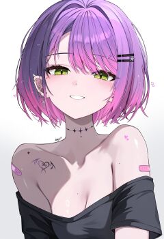 Rule 34 | 1girl, :d, absurdres, bandaid, bandaid on arm, bare shoulders, black shirt, breasts, cleavage, collarbone, cross, cross earrings, earrings, gradient hair, green eyes, grin, hair ornament, hairclip, hashtag-only commentary, highres, hololive, jewelry, kkato, looking at viewer, medium breasts, multicolored hair, off shoulder, open mouth, parallel hairclips, pink hair, pointy ears, purple hair, shirt, short hair, shoulder tattoo, simple background, smile, solo, spiked ear piercing, swept bangs, tattoo, tokoyami towa, upper body, virtual youtuber, white background, winged heart, winged heart tattoo