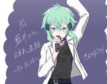 Rule 34 | 1girl, alternate costume, aqua eyes, aqua hair, arm up, artist name, asagi501, belt, black belt, black shirt, breasts, collarbone, double-parted bangs, grey jacket, hair between eyes, hair ornament, hairclip, hand up, holding, holding microphone, jacket, looking at viewer, medium hair, messy hair, microphone, open clothes, open jacket, purple background, shirt, sinon, small breasts, solo, straight-on, sword art online, translation request, twitter username, v-shaped eyebrows, watermark, white background