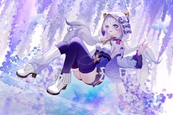 1girl bird blue_eyes blue_sky breasts chinese_commentary commentary_request detached_sleeves dove highres honkai_(series) honkai_impact_3rd leg_warmers lin_yu_jin long_hair purple_thighhighs purple_unitard shoes single_leg_warmer sky small_breasts solo theresa_apocalypse theresa_apocalypse_(schicksal's_imperative) thighhighs thighs very_long_hair white_hair white_hood white_leg_warmers white_shoes