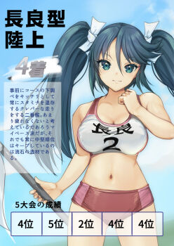 1girl absurdres blue_eyes blue_hair blue_sky breasts buruma clothes_writing cloud commentary_request feet_out_of_frame gluteal_fold grey_ribbon grin hair_intakes headband highres isuzu_(kancolle) kantai_collection large_breasts long_hair medium_breasts midriff navel open_mouth pole red_buruma sky smile solo sports_bikini sports_bra stats teeth twintails two-tone_sports_bra upper_teeth_only v white_headband yashin_(yasinz)