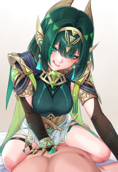 1boy 1girl :q armlet black_gloves blush breasts chinese_commentary closed_mouth clothed_female_nude_male commentary_request completely_nude cowgirl_position earrings elbow_gloves facial_mark floating_earrings genshin_impact girl_on_top gloves green_eyes green_hair green_shirt hair_intakes hand_on_another&#039;s_chest headgear hetero jewelry kan_(zwssg) large_breasts looking_down mark_under_eye medium_hair mole mole_under_eye nefer_(genshin_impact) nude pov sex shirt sidelocks skirt smile straddling symbol-shaped_pupils thigh_strap thighs tongue tongue_out triangle-shaped_pupils white_skirt