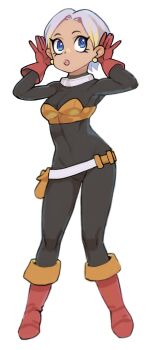 Rule 34 | 1girl, belt, black bodysuit, blue eyes, bodysuit, boots, breasts, dragon quest, dragon quest iii, earrings, full body, gan2, gloves, grey hair, hands up, highres, jewelry, legs apart, looking up, medium breasts, pink lips, red boots, red gloves, short hair, simple background, solo, sphere earrings, standing, thief (dq3), white background, white belt