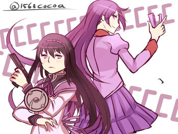 Rule 34 | 10s, 2girls, akemi homura, akemi homura (magical girl), bakemonogatari, black hair, company connection, gun, hairband, handgun, kiiro (cocoa080), long hair, magical girl, mahou shoujo madoka magica, mahou shoujo madoka magica (anime), monogatari (series), multiple girls, purple eyes, saitou chiwa, school uniform, senjougahara hitagi, shaft (company), shield, stapler, voice actor connection, weapon