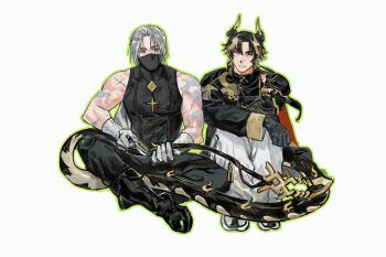 Rule 34 | 2boys, absurdly long tail, arknights, black mask, black pants, boots, brushing tail, chinese clothes, chinese commentary, chongyue (arknights), closed eyes, colored extremities, commentary request, covered mouth, dragon boy, dragon horns, dragon tail, grey hair, highres, horns, implied yaoi, long hair, looking at another, male focus, mask, mouth mask, multicolored hair, multiple boys, pants, pointy ears, red eyes, scar, scar on arm, shirt, simple background, sitting, sleeveless, sleeveless shirt, smile, streaked hair, tail, tight clothes, tight shirt, toned, toned male, ulpianus (arknights), very long tail, zhishiyigeyouxibot