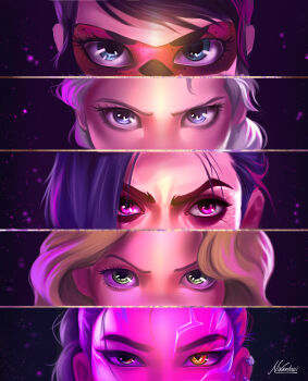 5girls absurdres arcane:_league_of_legends arcane_jinx blonde_hair blue_eyes blue_hair brown_eyes commentary crossover domino_mask earrings elsa_(frozen) english_commentary eye_focus eye_mask frozen_(disney) green_eyes heterochromia highres in-franchise_crossover jewelry jinx_(league_of_legends) kpop_demon_hunters ladybug_(miraculous_ladybug) league_of_legends looking_at_viewer marinette_dupain-cheng mask miraculous_ladybug multiple_crossover multiple_girls nikola_(nikkotari) purple_background purple_eyes purple_hair rapunzel_(disney) rumi_(kpop_demon_hunters) tangled trait_connection yellow_eyes