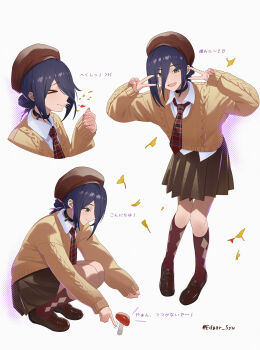 &gt;_&lt; 1girl absurdres blush chainsaw_man choker commentary edgar_syu full_body green_eyes hair_bun happy hat highres looking_at_viewer multiple_views mushroom necktie open_mouth purple_hair reze_(chainsaw_man) shoes short_hair simple_background single_hair_bun skirt socks squatting sweater undershirt v white_background