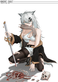 Rule 34 | 1girl, absurdres, animal ears, aqua eyes, arknights, artist name, bare shoulders, black nails, black pantyhose, blood, blood on face, bloody weapon, breasts, cannibalism, chinese commentary, cleavage, commentary request, corpse, covered erect nipples, dated, eyeball, fingernails, full body, grey hair, hair between eyes, highres, knight fault, lappland (arknights), large breasts, long hair, looking at viewer, mouth hold, nail polish, navel, organs, pantyhose, planted, planted sword, planted weapon, simple background, skull, solo, sword, tail, torn clothes, torn pantyhose, weapon, white background, wolf ears, wolf girl, wolf tail