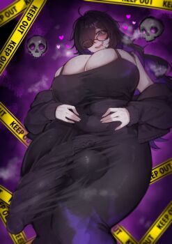 Rule 34 | 1girl, absurdres, black cardigan, black hair, breasts, bulge, cardigan, colored inner hair, dress, drooling, erection, erection under clothes, floating skull, full-package futanari, futanari, goddess of victory: nikke, highres, huge breasts, huge penis, label (nikke), messy hair, mojyo, mole, mole on breast, multicolored hair, nervous smile, no panties, open mouth, pale skin, penis, pillowgiff, purple eyes, purple streaks, saliva, smile, taut clothes, taut dress