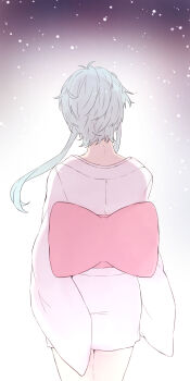 1girl blue_hair bow commentary_request cowboy_shot from_behind highres japanese_clothes jigoku_sensei_nube kimono pink_bow pink_kimono short_hair_with_long_locks short_kimono sidelocks solo toco_(love-hmhm-tocotoco) yukime_(jigoku_sensei_nube)