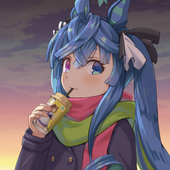 Rule 34 | 1girl, @ @, ahoge, animal ears, black coat, blue eyes, blue hair, blush, buttons, closed mouth, coat, commentary request, crossed bangs, cup, disposable cup, double-breasted, drinking, drinking straw, drinking straw in mouth, gold buttons, green scarf, haniwa (leaf garden), heterochromia, highres, holding, holding cup, horse ears, long hair, long sidelocks, long sleeves, looking at viewer, pink scarf, purple eyes, ringlets, scarf, sidelocks, smile, solo, sunset, tracen winter coat, twilight, twin turbo (umamusume), twintails, umamusume, upper body, very long hair, very long sidelocks
