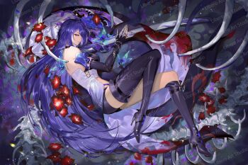 1girl acheron_(honkai:_star_rail) artist_name asymmetrical_footwear back black_choker black_gloves black_shorts bone boots breasts bug butterfly chain choker cleavage coat coattails detached_sleeves flower gloves hair_over_one_eye high_heels highres honkai:_star_rail honkai_(series) insect libero_art long_hair looking_at_viewer midriff multicolored_hair navel on_ground purple_eyes purple_hair red_flower scabbard sheath sheathed short_shorts shorts single_bare_shoulder skeleton solo stomach streaked_hair sword thigh_boots thighs watermark weapon white_coat