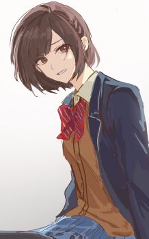 1girl blazer blue_jacket blue_skirt bow bowtie braid brown_cardigan brown_eyes brown_hair cardigan commentary diagonal-striped_bow diagonal-striped_bowtie diagonal-striped_clothes grin hashtag-only_commentary highres jacket kamiyama_high_school_uniform_(project_sekai) open_clothes open_jacket pleated_skirt project_sekai red_bow red_bowtie school_uniform shinonome_ena short_hair side_braid skirt smile solo striped_bow striped_bowtie striped_clothes ur_winterlove