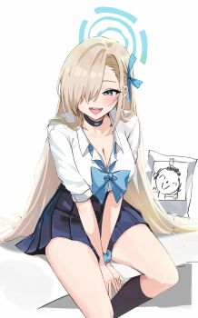 1girl absurdres asuna_(blue_archive) asuna_(school_uniform)_(blue_archive) asymmetrical_bangs blonde_hair blue_archive blue_bow blue_bowtie blue_eyes blue_halo blue_scrunchie blush bow bowtie breasts button_gap choker doodle_sensei_(blue_archive) hair_over_one_eye hair_ribbon halo ham_(hamparty) highres large_breasts long_hair looking_at_viewer pleated_skirt ribbon school_uniform scrunchie sensei_(blue_archive) shirt skirt smile solo very_long_hair white_shirt wrist_scrunchie