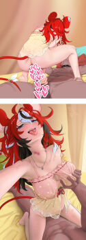 Rule 34 | 1boy, 1girl, ahoge, animal ears, ass, black collar, blue eyes, breasts, censored, clothed female nude male, collar, cowgirl position, dark-skinned male, dark skin, girl on top, grabbing another's breast, groping, hakos baelz, hakos baelz (strawberry onesie), heart, heart censor, hetero, hickey, highres, hololive, hololive english, interracial, jewelry, large breasts, large penis, messy hair, mouse ears, mouse girl, mouse tail, necklace, nude, penis, piercing, red hair, sharp teeth, sleepwear, straddling, tail, teeth, thanabis, tongue piercing, virtual youtuber