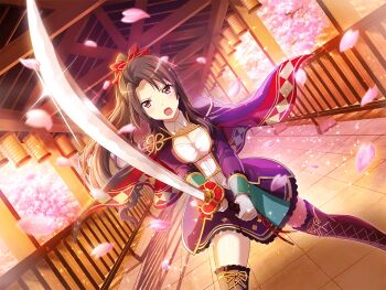 1girl akikaze_rui black_cape black_hair boots breasts brown_boots cape falling_petals fighting_stance game_cg holding holding_sword holding_weapon jacket lace-up_boots long_hair long_sleeves looking_at_viewer medium_breasts official_art ootachi open_mouth parted_bangs petals ponytail purple_jacket purple_skirt shoujo_kageki_revue_starlight shoujo_kageki_revue_starlight_-re_live- skirt solo sword thigh_boots upper_body weapon