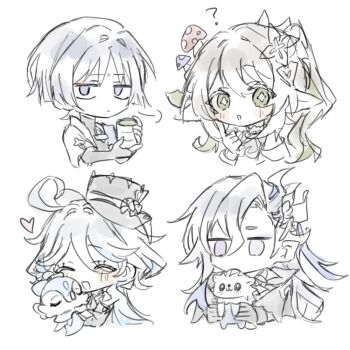 Rule 34 | 2boys, 2girls, ?, ahoge, animal, bangs pinned back, black bodysuit, black bridal gauntlets, black gloves, black sleeves, blue hair, blunt ends, blush, bodysuit, bridal gauntlets, cape, closed eyes, closed mouth, commentary request, cowlick, creature, cropped torso, cross-shaped pupils, cup, curly ends, detached sleeves, dress, eyelash ornament, eyelashes, eyeliner, facing animal, finger to cheek, furina (genshin impact), genshin impact, gloves, green eyes, green hair, hair between eyes, hair intakes, hair ornament, hat, heart, holding, holding animal, holding creature, holding cup, index finger raised, jitome, leaf, leaf hair ornament, leisurely otter (genshin impact), long hair, looking at viewer, makeup, mini hat, mini top hat, mo362335, multicolored hair, multiple boys, multiple girls, mushroom on head, nahida (genshin impact), neuvillette (genshin impact), open mouth, pointy ears, puff of air, purple cape, purple eyes, red eyeliner, scaramouche (genshin impact), short sleeves, side ponytail, sidelocks, single hair intake, sketch, streaked hair, surintendante chevalmarin, symbol-shaped pupils, tareme, top hat, turtleneck, turtleneck bodysuit, wanderer (genshin impact), white background, white hair, white sleeves, wispy bangs, yunomi