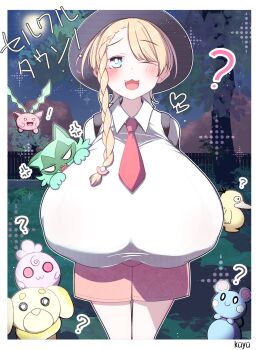 1girl ? azurill blonde_hair blue_eyes blush breasts dot_nose female_focus gen_1_pokemon gen_2_pokemon gen_3_pokemon gigantic_breasts hat heart hoppip huge_breasts igglybuff juliana_(pokemon) juliana_(pokemon)_(cosplay) kuyu730 looking_at_viewer moon necktie night nintendo one_eye_closed original pale_skin pokemon pokemon_sv psyduck school_uniform shiny_skin shirt shorts sky solo sprigatito standing tree white_hat white_shirt wink