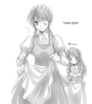 00s 2girls asahina_mikuru english_text exif_thumbnail_surprise female_focus greyscale long_hair maid maid_headdress monochrome mori_sonou multiple_girls one_eye_closed standing suzumiya_haruhi_no_yuuutsu wink