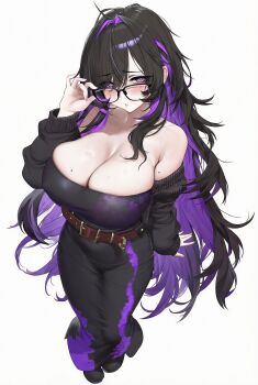 1girl absurdres adjusting_eyewear armpit_crease black-framed_eyewear black_dress black_hair blush breasts cleavage colored_inner_hair commentary_request dress glasses goddess_of_victory:_nikke hair_over_one_eye hand_on_eyewear highres label_(nikke) large_breasts long_hair looking_at_viewer mojyo mole mole_on_arm mole_on_breast multicolored_hair purple_eyes purple_hair purple_streaks smile solo sweat taut_clothes taut_dress thefelix two-tone_hair very_long_hair