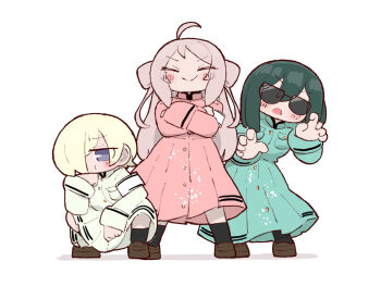 Rule 34 | 3girls, = =, ahoge, armband, asymmetrical bangs, banchou, black socks, blonde hair, blush, bob cut, brown shoes, buttons, chibi, chibi only, claw pose, closed eyes, coat, coat dress, crossed arms, delinquent, dress, fang, full body, gakuran, gold buttons, green coat, green dress, green hair, hair over one eye, loafers, long coat, long dress, long hair, love live!, love live! nijigasaki high school idol club, medium hair, mia taylor, mifune shioriko, multiple girls, official alternate costume, ouendan, pink coat, pink dress, pink hair, purple eyes, ryouran! victory road (love live!), school uniform, shiokara (ganba rubys), shoes, short hair, sidelocks, skin fang, socks, squatting, sunglasses, two side up, white armband, white coat, white dress, zhong lanzhu