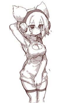 Rule 34 | 1girl, alternate costume, armpits, blush, breasts, cleavage, cleavage cutout, closed mouth, clothing cutout, commentary, dress, dress tug, earmuffs, embarrassed, highres, korean commentary, large breasts, medium hair, pointy hair, rampa93, short dress, sleeveless, sleeveless dress, solo, thighhighs, touhou, toyosatomimi no miko