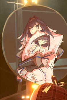 2girls black_hair blue_eyes chain chain_headband closed_mouth coldplay_kiss_cam_(meme) dakimakura_(object) grey_sleeves haraya_manawari hololive hololive_english hugging_object meme multiple_girls narcissism ouro_kronii ouro_kronii_(1st_costume) pillow pillow_hug smile veil virtual_youtuber watson_amelia watson_amelia_(1st_costume)